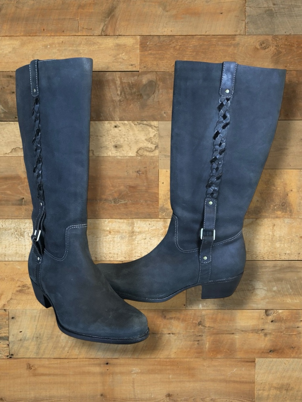 Clarks Artisan Tall Boots Charcoal Black Braided Leather Y2K Western Boho 9.5